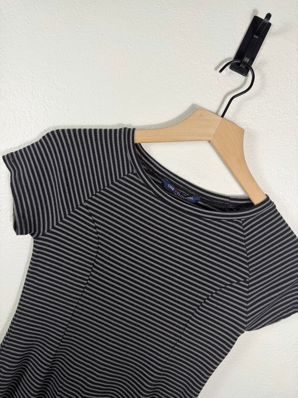 One Clothing Black Gray Striped Fit Flare Skater Dress Size Large
